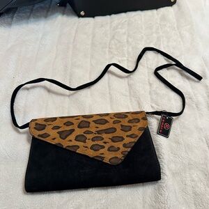 Leopard Print Flap Suede Crossbody Clutch - Black & Brown